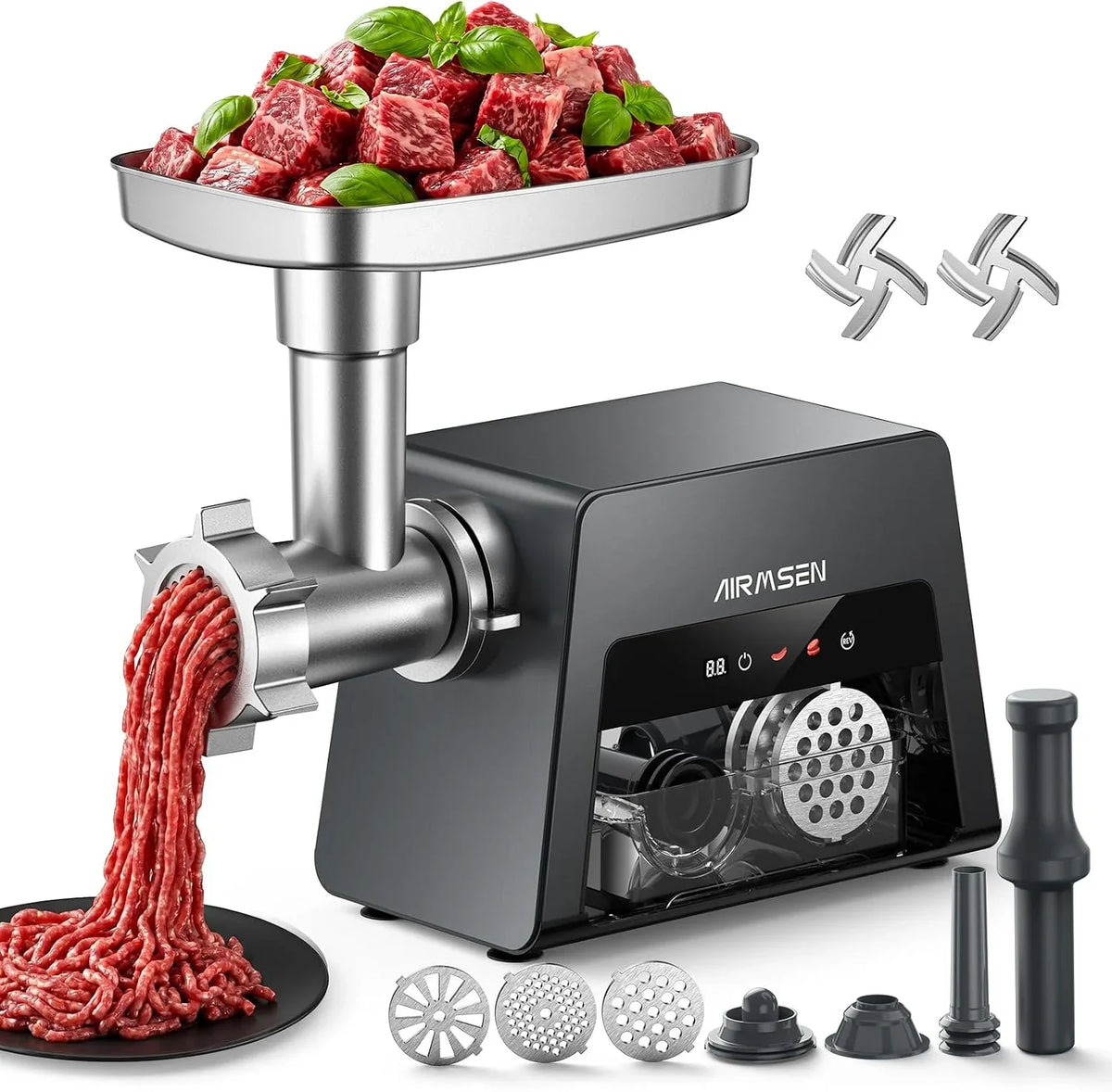 AIRMSEN Picadora de Carne Eléctrica 3 en 1, Aluminio Fundido a Presión,con Salchichas y Accesorios para Kubbe, 2500W Max, 2 Velocidades, Motor Silencioso, Ideal para Cocinas Familiares