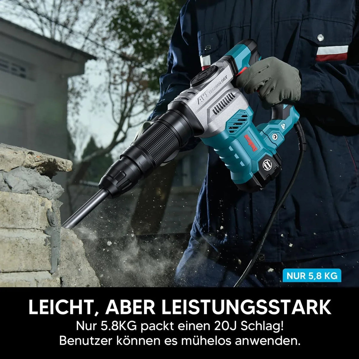 ENEACRO Martillo de Demolición SDS-Max, Potente Martillo Demoledor Eléctrico 1300W 20 Joule con Cuerpo de Aleación de Aluminio, Sistema Anti-Vibración, Incluye Cinceles y juegos de herramientas