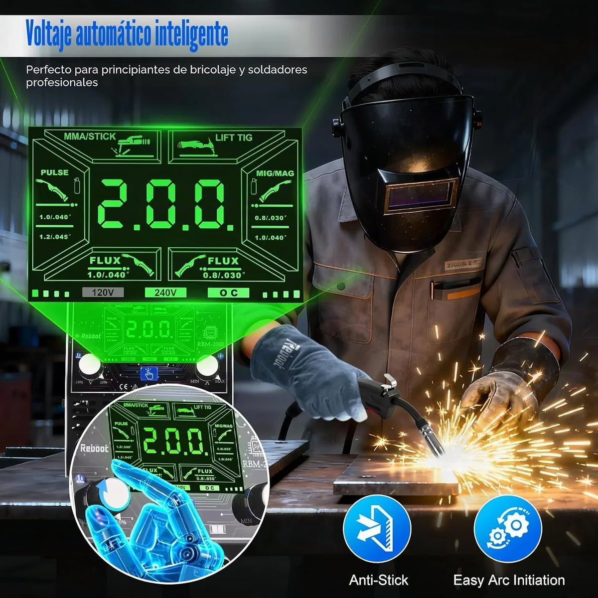 Soldador MIG 5 en 1 200A 240V LED Reboot RBM2000G
