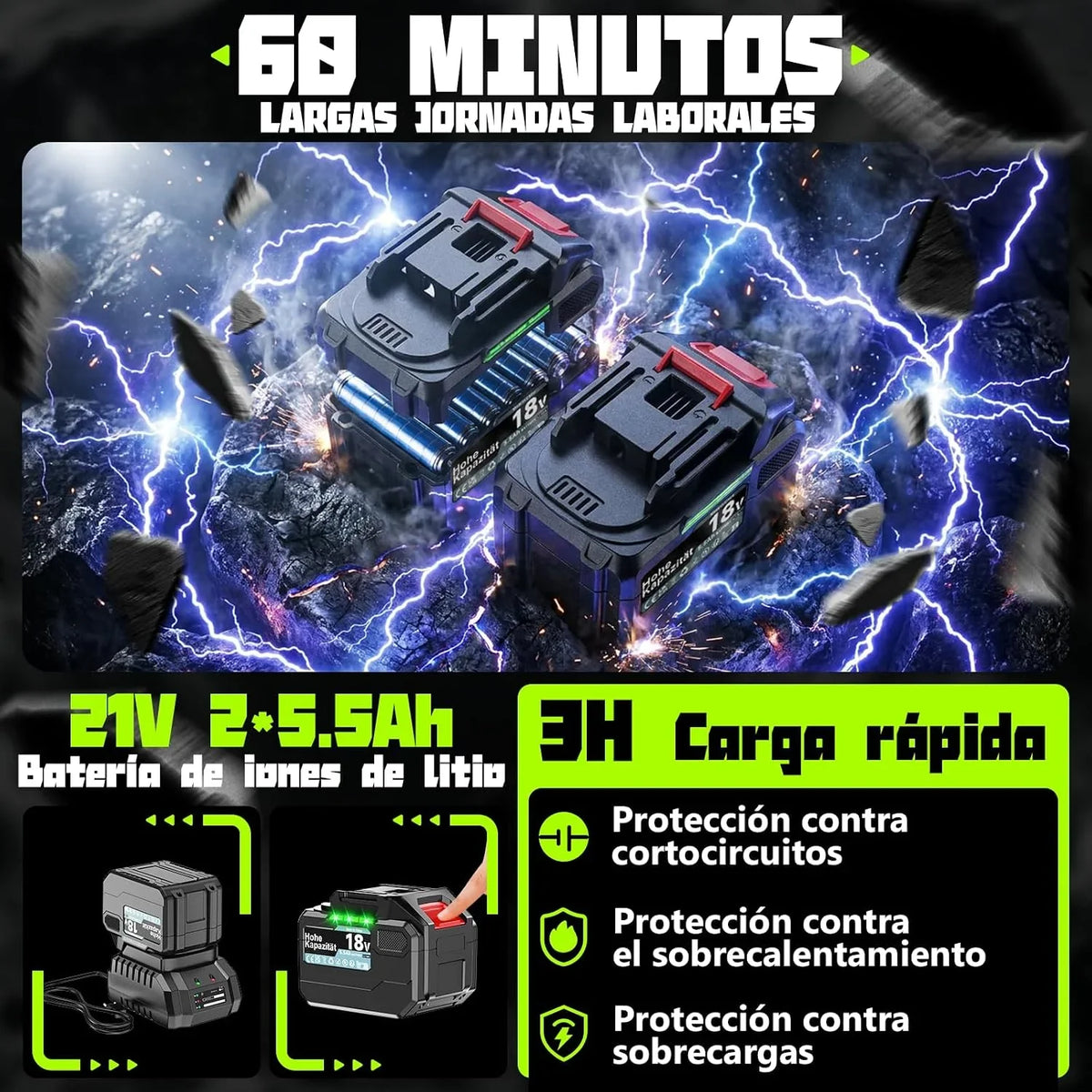 18V Soplador de Hojas, Soplador de Hojas eléctrico, 2×5,5Ah batería