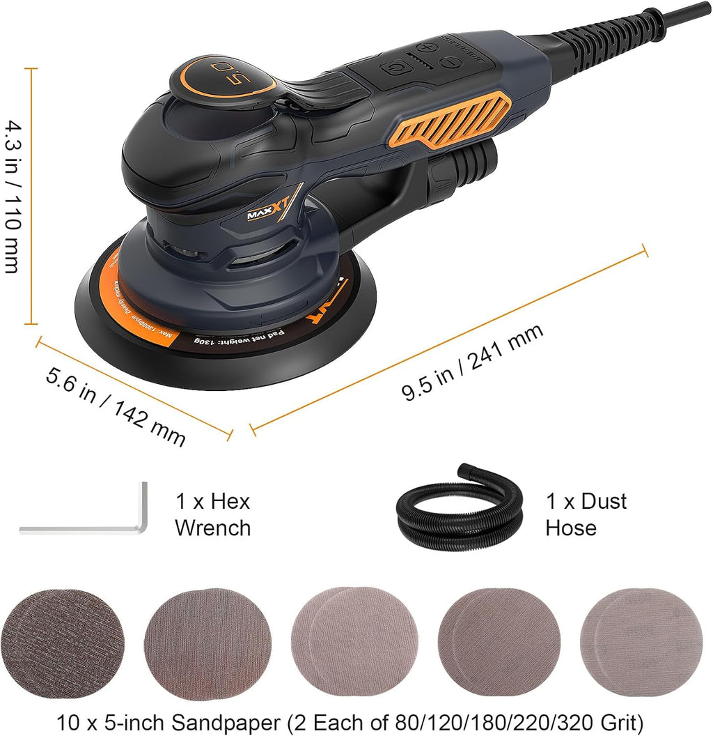 MAXXT Lijadora Orbital Sin Escobillas para 6 pulgadas, Lijadora Orbital Aleatoria Eléctrica de 10,000 RPM con 10 Discos de Lija, Lijadora de Velocidad Variable de 6 para Lijado y Pulido de Madera