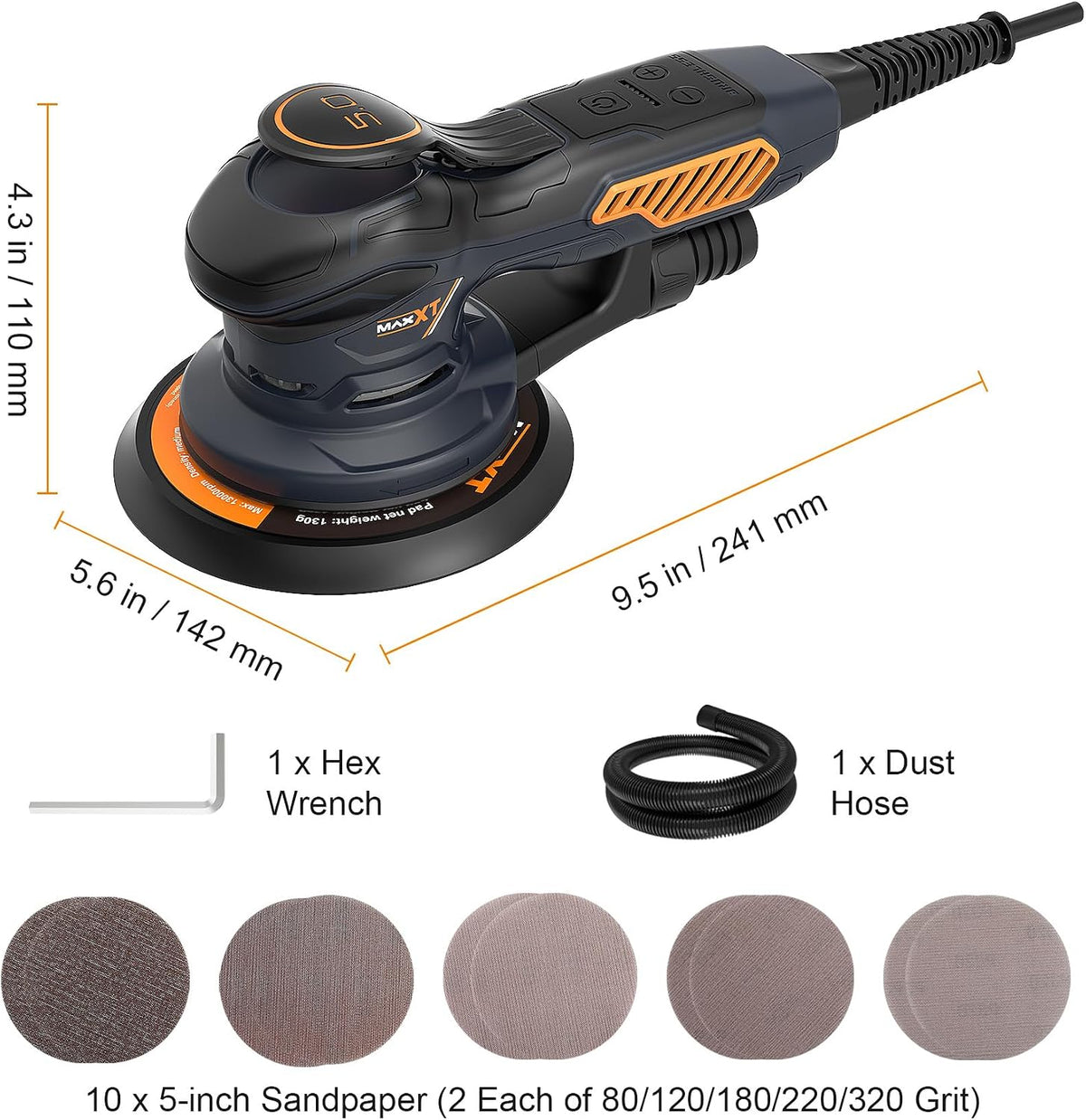 MAXXT Lijadora Orbital Sin Escobillas para 6 pulgadas, Lijadora Orbital Aleatoria Eléctrica de 10,000 RPM con 10 Discos de Lija, Lijadora de Velocidad Variable de 6 para Lijado y Pulido de Madera