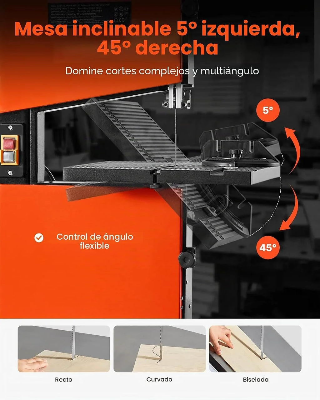VEVOR Sierra de Cinta para Madera con Motor de 373 W, Altura de Corte de 90 mm, Ancho de Corte de 229 mm, Mesa de Aluminio Fundido de 300 x 300 mm, con Luz de Trabajo de 360°, para Carpintería