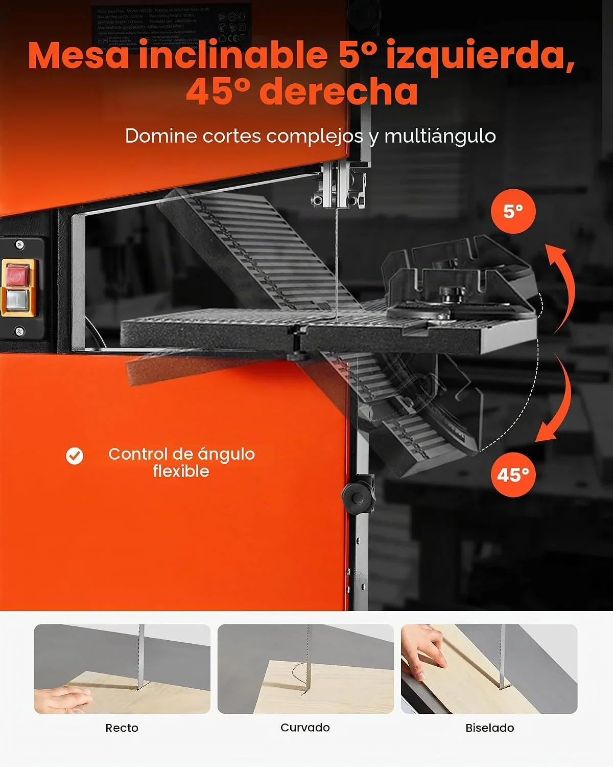 VEVOR Sierra de Cinta para Madera con Motor de 373 W, Altura de Corte de 90 mm, Ancho de Corte de 229 mm, Mesa de Aluminio Fundido de 300 x 300 mm, con Luz de Trabajo de 360°, para Carpintería