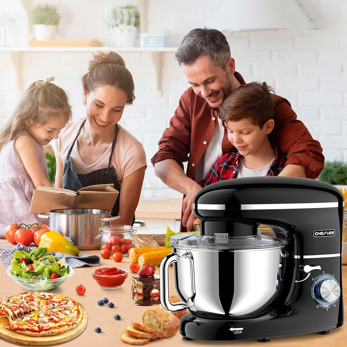 CHeflee Batidora Amasadora Profesional,2000W Amasadora Pan Repostería,6.2 L Bajo Ruido Robot de Cocina Multifunción,Gancho para Masa,Batidor Plano,Protección para Salpicaduras 6 Velocidades Batidora